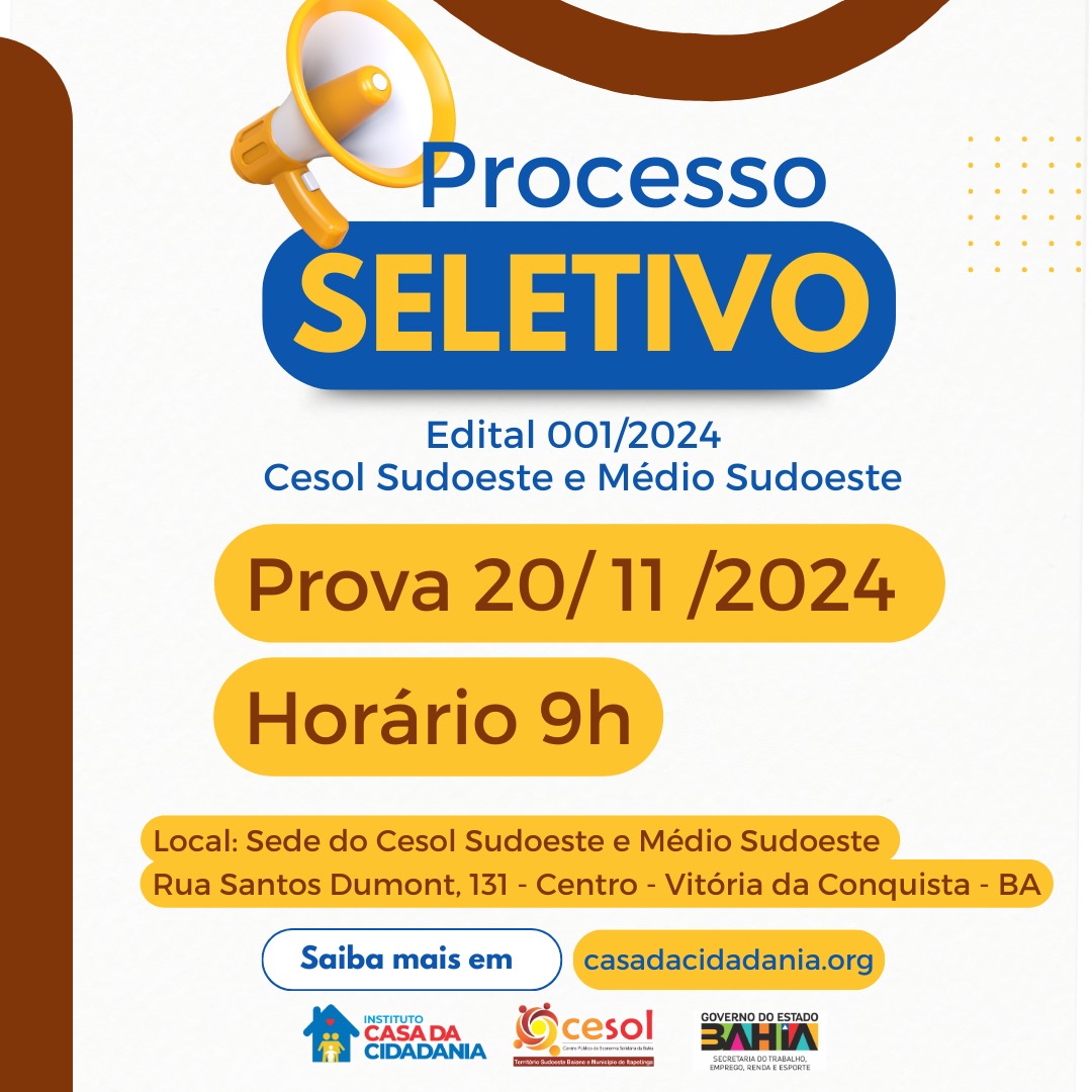 Leia mais sobre o artigo Edital nº 001/2014: Instituto de Formação e Integração Casa da Cidadania divulga horário e local das provas – Cesol